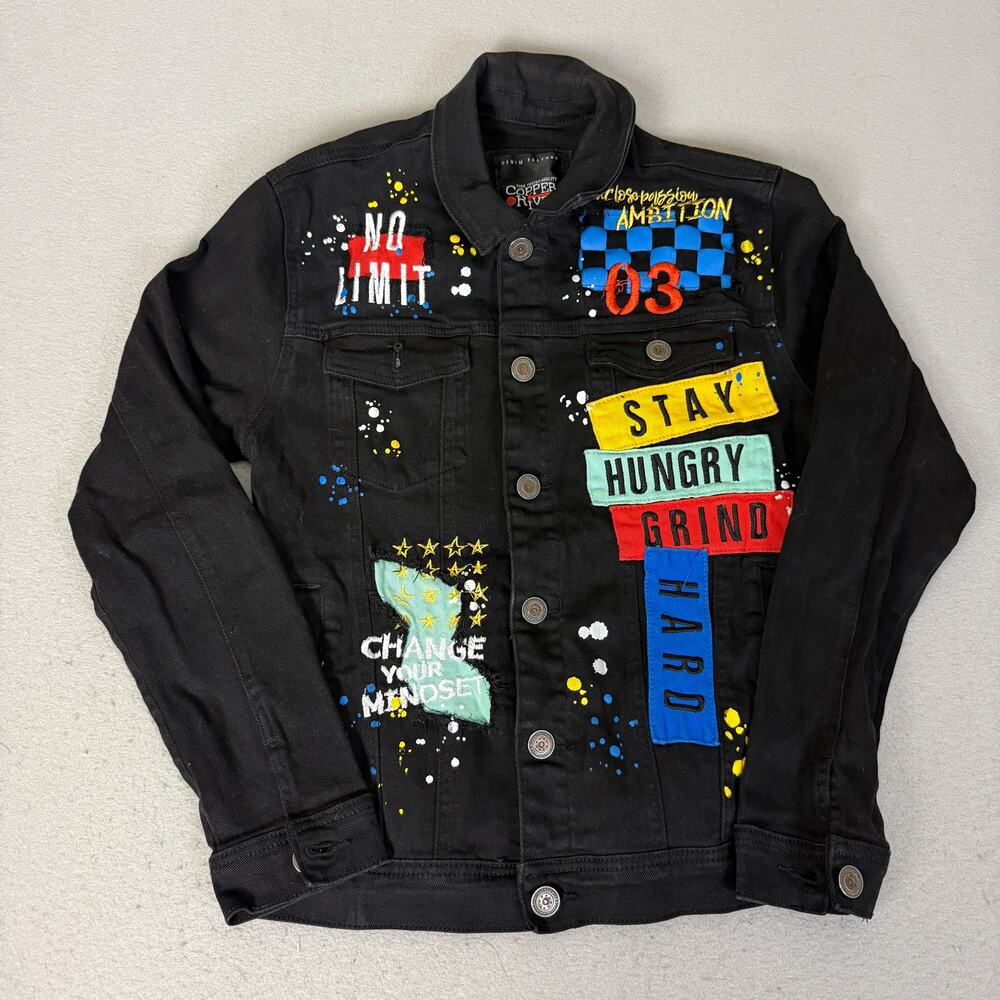 Copper Rivet Denim Factory Black Patch Graphic Denim Trucker Jacket Mens M